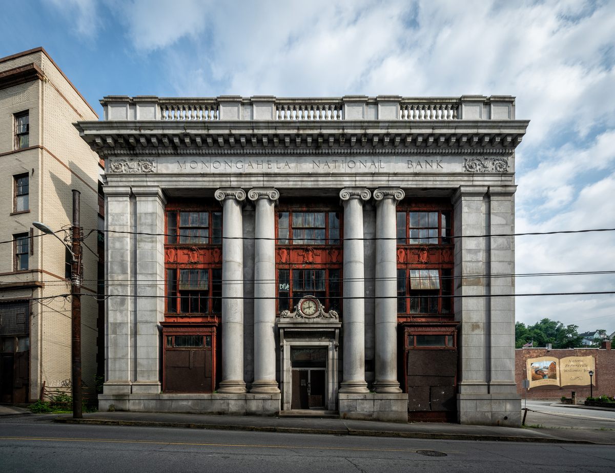 The facade of the Monongahela National Bank, one of the many empty buildings lining Market Street.
