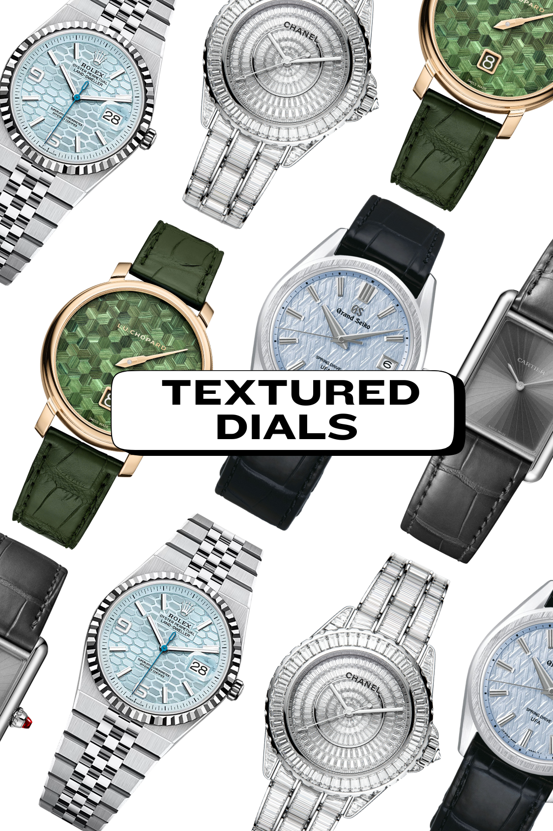 a collage of new 2025 watches with textured dials