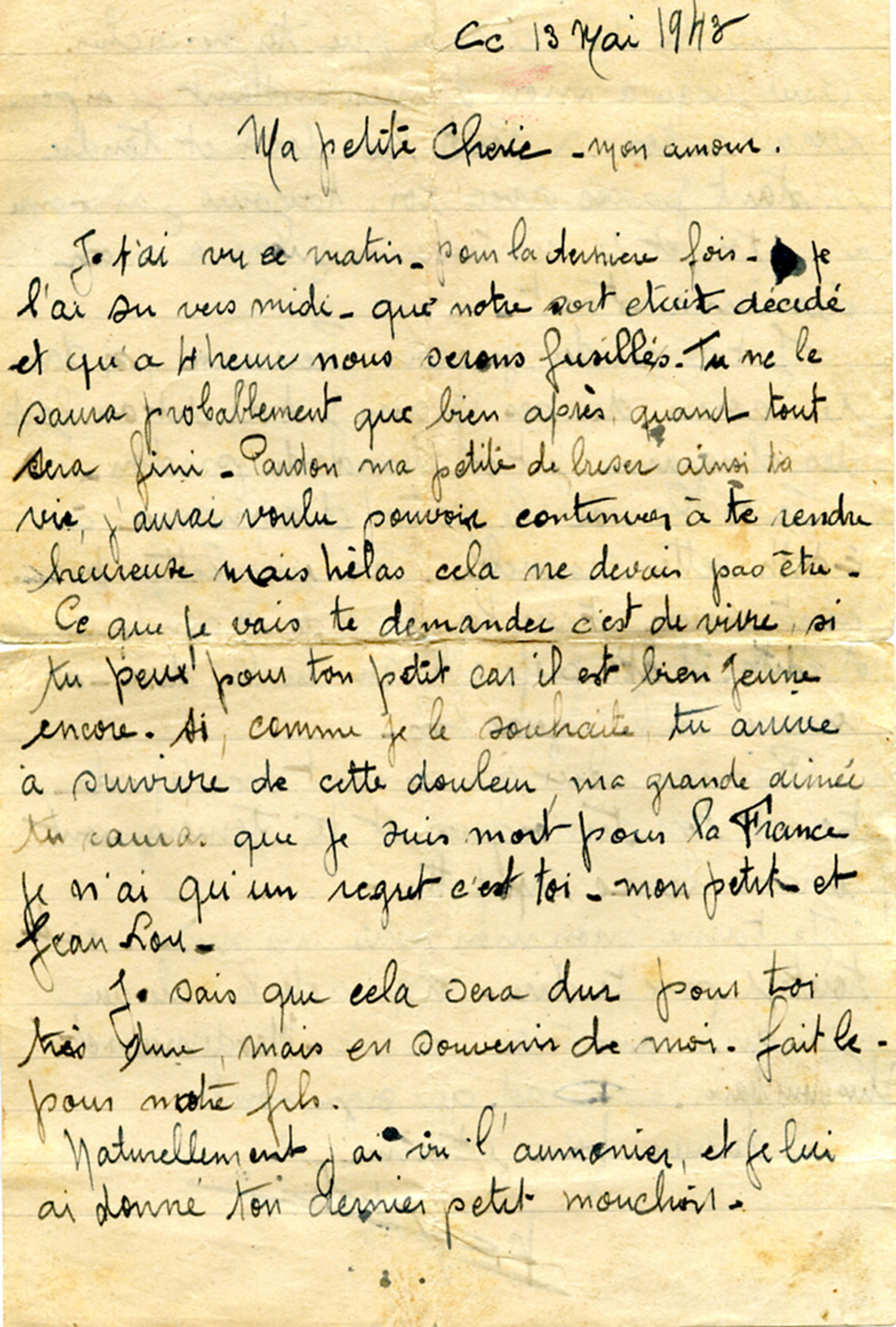 A handwritten letter on aged paper dated 13 May 1943, expressing affectionate sentiments in French.