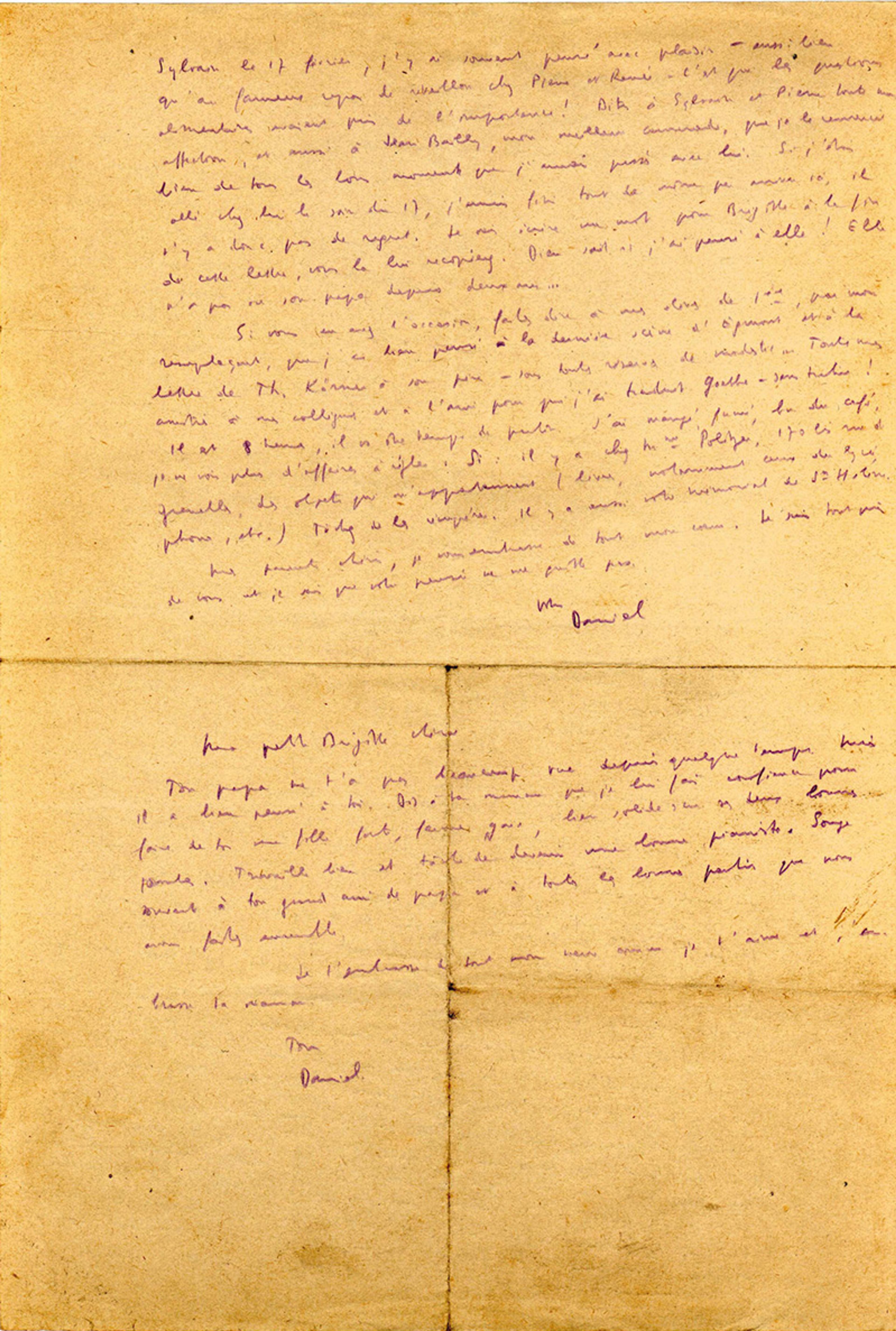 Image of a handwritten letter on aged paper with cursive text in purple ink, likely a historical document or personal note.