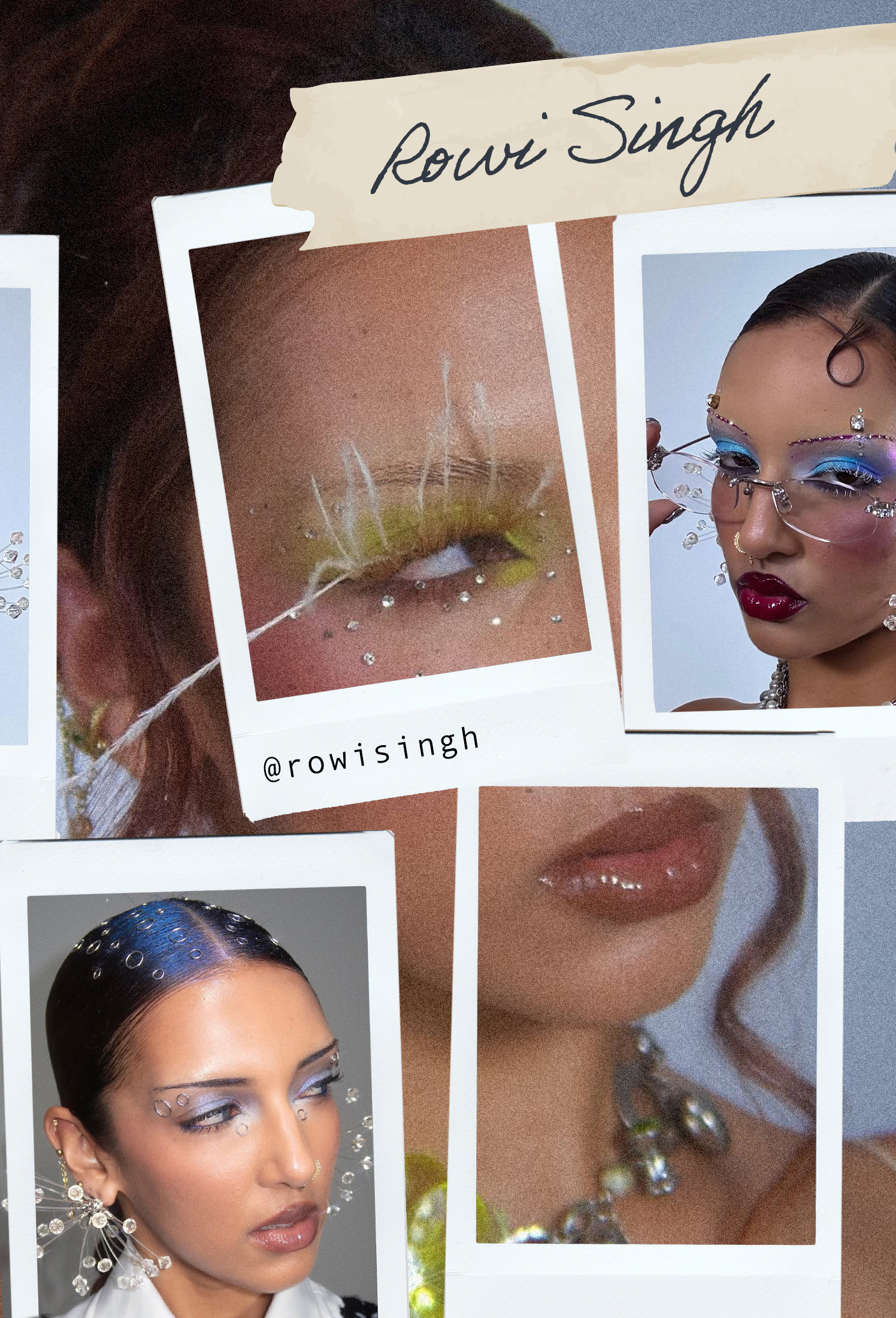Collage of maximalist makeup looks worn and created by Rowi Singh.