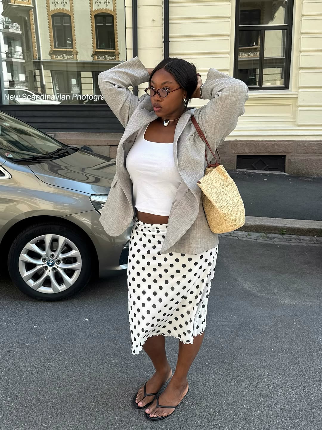 Knee length skirt outfits - polka dot skirt and grey blazer