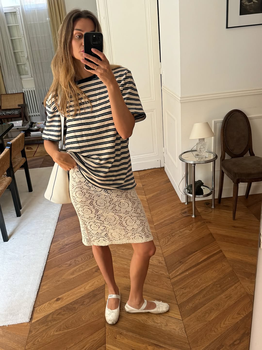 Knee length skirt outfits - embroidered skirt and stripey tee