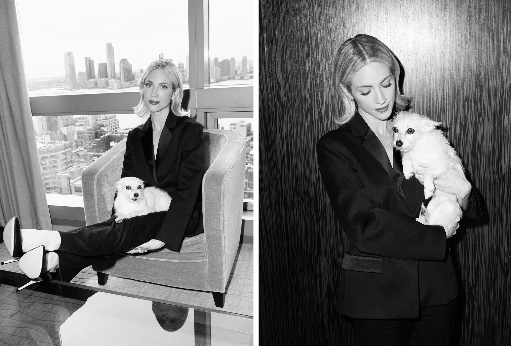 Brittany Snow poses for Who What Wear's Portrait Sessions series in an archive black Jil Sander suit with Fiametta jewelry.
